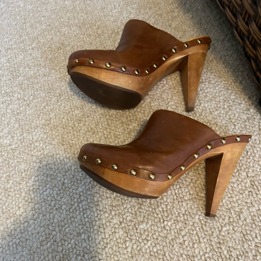 Express Brown Studded High Heel Leather Clogs
